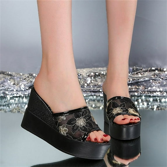 Aayomet Womens Casual Shoes Size 11 Summer Fashion Wedge And Spring Toe High-Heeled Women's Mesh Lace Sandals Thick-Soled,Black 6.5