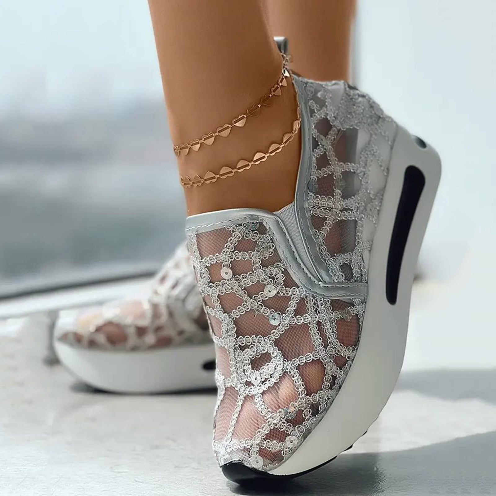 ladies dress shoes for standing all day Aayomet Womens Casual Work Shoes for Standing All Day Ladies Fashion Breathable Knitted Mesh Pointed Flat Bottomed Casual Single,Silver 6.5