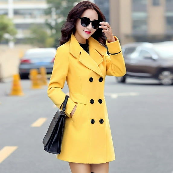 Aayomet Womens Coat Women's Jackets Trendy Long Sleeves Lapel Mid-Length Button Woolen Coat Solid Slim Fit Mid Length Jacket,Yellow XXL
