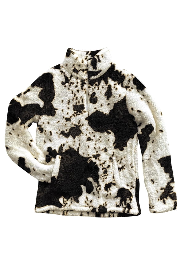 Womens Crewneck Sweatshirt Plush Cow Printed Zipper Sweater Coat (Black, XXL)