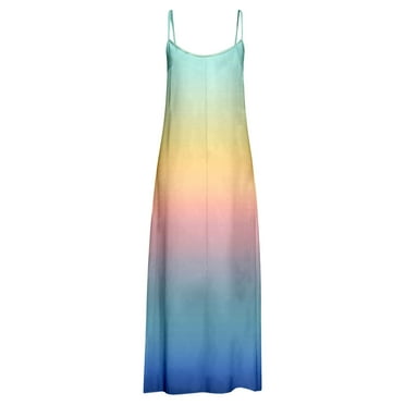 Aayomet Womens Dresses Women Summer Casual Scoop Neck Beach Maxi Dress Color Gradient Print Dress,Yellow S