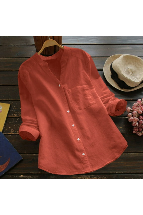 Womens Flannel Shirts Long Sleeve Blouse Down Tops Solid Button Women's Blouse (Orange, L)