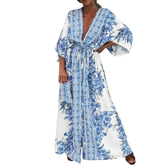 Aayomet Womens Flowy Smocked Elastic Waist Short Sleeve V Neck Floral Midi Dress Casual Spring Summer Sun Dress for Women 2024 (Light Blue, L)