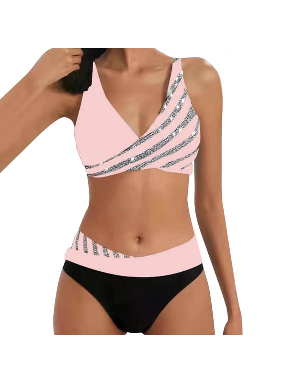 Womens High Waisted Bikini Sets Sporty Crop Top Color Block Swimwear Bandeau Scoop Neck Vintage Two Piece Bathing Suits,Pink M