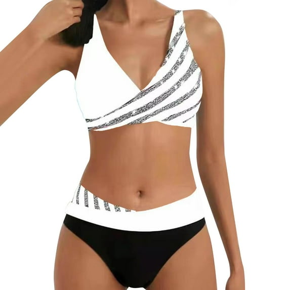 Aayomet Womens High Waisted Bikini Sets Sporty Crop Top Color Block Swimwear Bandeau Scoop Neck Vintage Two Piece Bathing Suits,White XXL