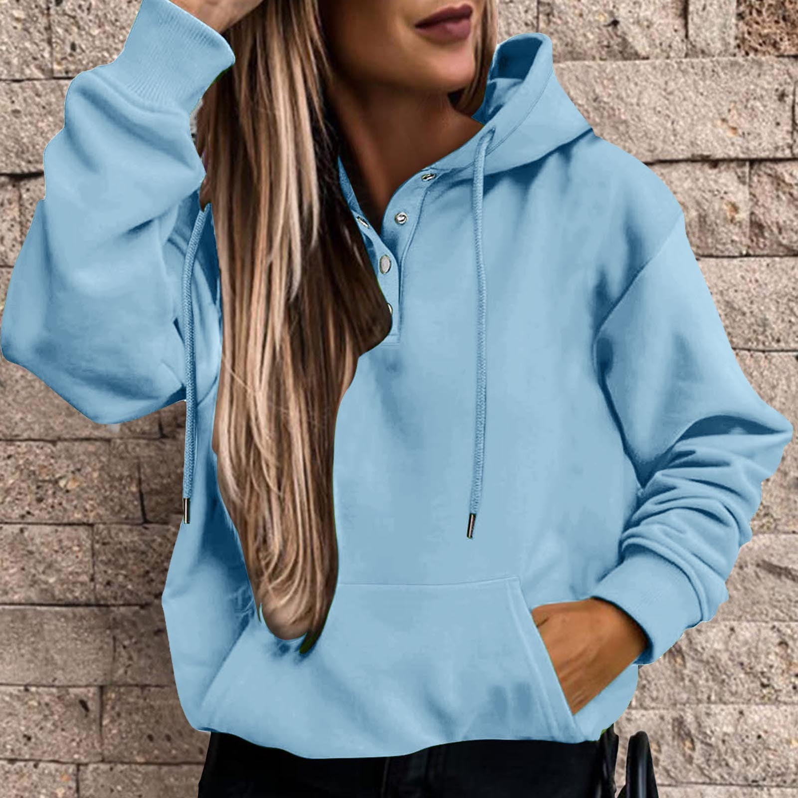 Solid Color Pocket Rib-Knit Hooded Pullover Shirt, Women's Drawstring Sleeve Hoodies Kangaroo Pocket Casual Women's Clothing Women's Sweater,$12.99