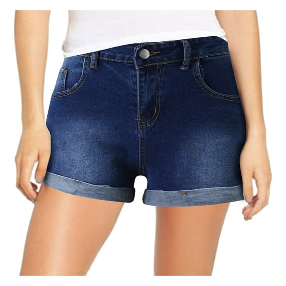 Aayomet Womens Jean Shorts Denim Shorts for Women Mid Rise Bottoms Frayed Hem Casual Jean Shorts with Pockets Dark Blue,L