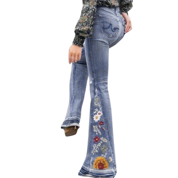 Aayomet Womens Jeans Floral Embroidered Bootcut Denim Bell Jeans (B, L)