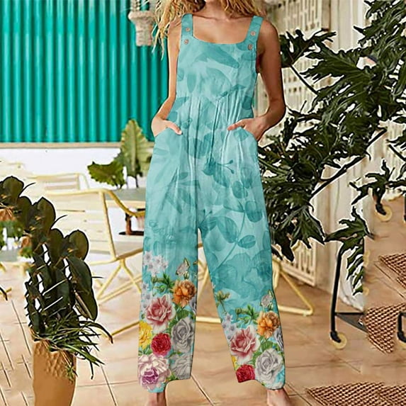 Aayomet Womens Jumpsuit Women Casual Boho Print Romper Pocket Rompers Long Playsuit Strap Button Jumpsuit Fashion Daily Jumpsuit,Mint Green L