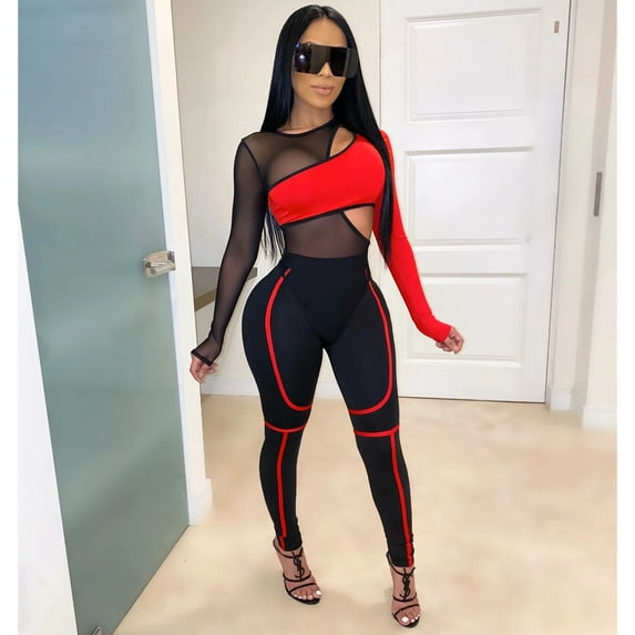 Aayomet Womens Jumpsuit Women Out Hollow Long Set Mesh Cycling Mesh Sleeve 2-piece Sportswear Women's Jumpsuit,Red S