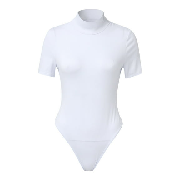 Aayomet Womens Jumpsuits Casual Color Tight High Neck Short Sleeve Bodysuit (White, XL)