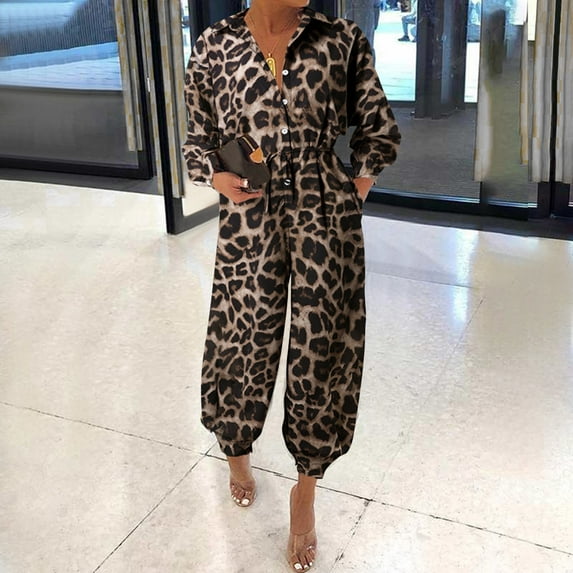 Aayomet Womens Jumpsuits Dressy Slim Lady Button Lapel Long Trousers Pants Jumpsuits Bandage Long Rompers Women Women's Jumpsuit,Coffee 4XL