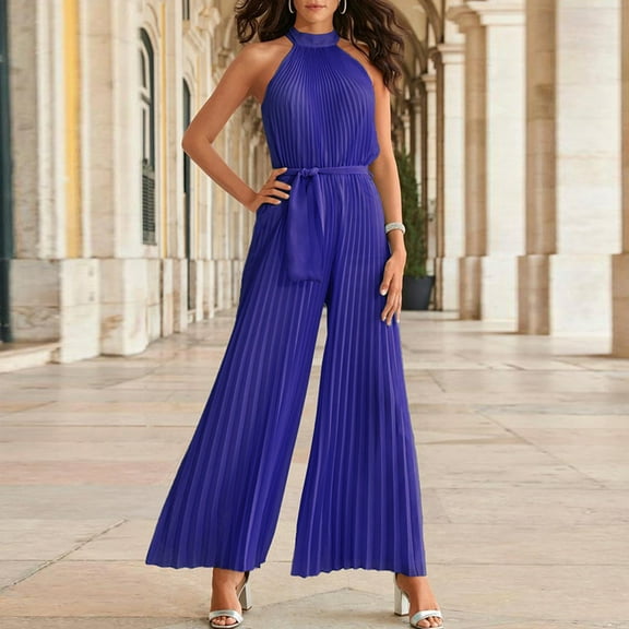 Aayomet Womens Jumpsuits Dressy Women Casual Solid Neck Hanging Sleeveless Pleated Jumpsuit Backless Button Belt Rompers,Dark Blue XL