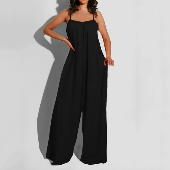 Aayomet Womens Jumpsuits Dressy Women Summer Backless Suspender Jumpsuit Wide Leg Pants Casual Loose Elegant Jumpsuit,Black L