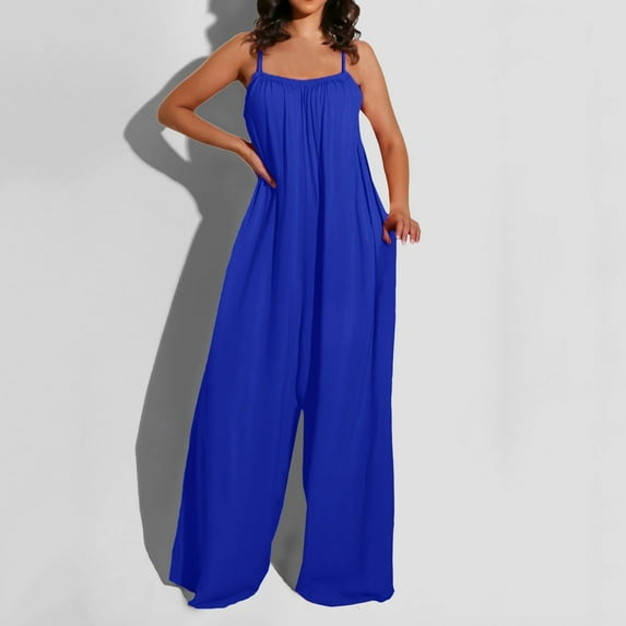 Aayomet Womens Jumpsuits Dressy Women Summer Backless Suspender Jumpsuit Wide Leg Pants Casual Loose Elegant Jumpsuit,Blue M