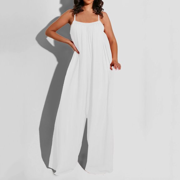 Aayomet Womens Jumpsuits Dressy Women Summer Backless Suspender Jumpsuit Wide Leg Pants Casual Loose Elegant Jumpsuit,White L