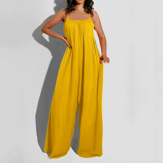 Aayomet Womens Jumpsuits Dressy Women Summer Backless Suspender Jumpsuit Wide Leg Pants Casual Loose Elegant Jumpsuit,Yellow XL