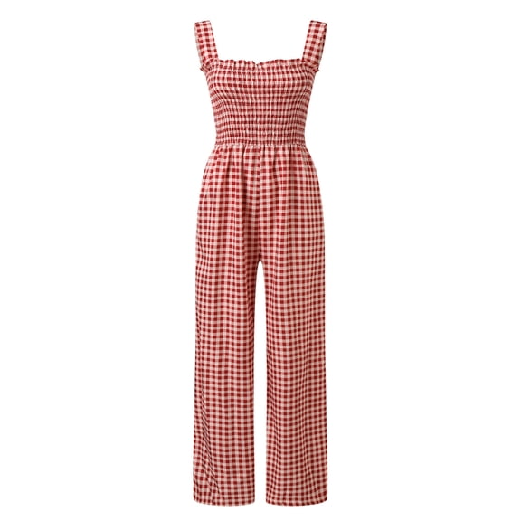 Aayomet Womens Jumpsuits Dressy Women's Casual Plaid High Waisted Pants Suspender Jumpsuits Overalls,Red M