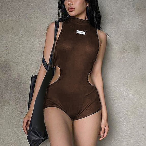 Aayomet Womens Jumpsuits Dressy Womens Solid Color Solid Color Half High Collar Sleeveless Hollow Out Waist Tight Slim ,Brown L