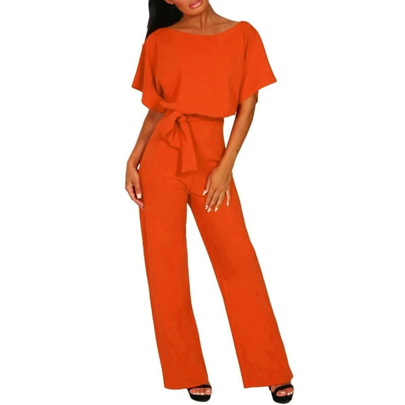 Aayomet Womens Jumpsuits Solid Color Lace Up Button Short Sleeved Jumpsuit (Orange, L)