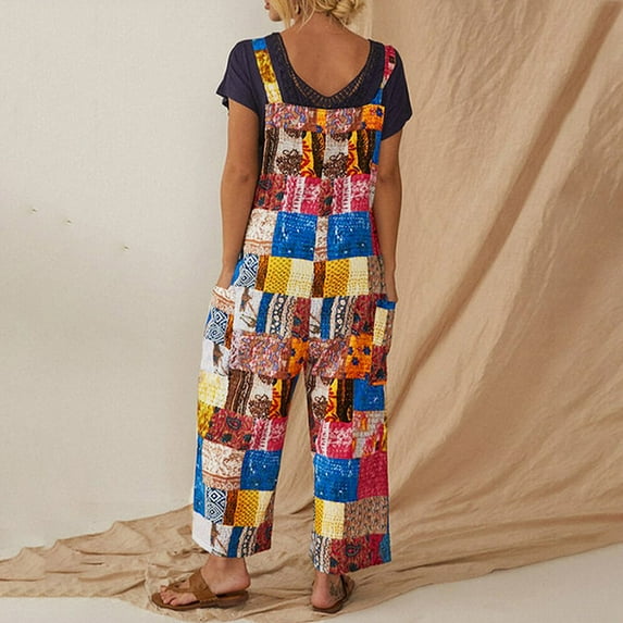 Aayomet Womens Jumpsuits Vintage Ethnic Womens Patchwork Jumpsuit Suspender Printed Buttons Style Fashion Women's Jumpsuit,Blue XL