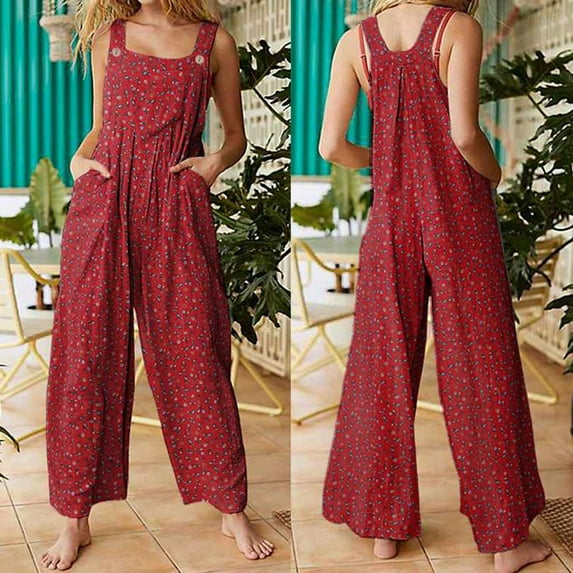 Aayomet Womens Jumpsuits Wide Women's Straps Prints Leg Vintage Jumpsuit with Pockets Floral Women's Jumpsuit,Red M