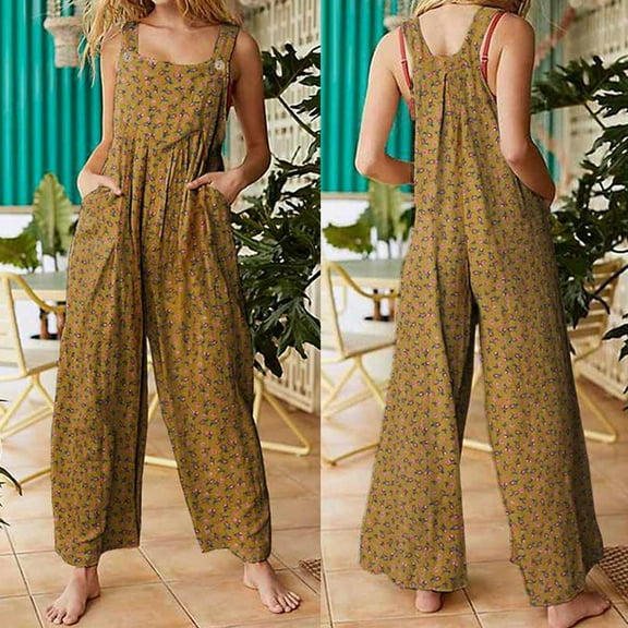 Aayomet Womens Jumpsuits Wide Women's Straps Prints Leg Vintage Jumpsuit with Pockets Floral Women's Jumpsuit,Yellow S