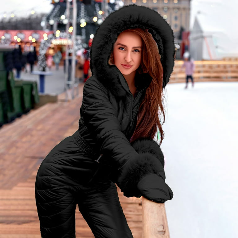 Aayomet Womens Jumpsuits Women Snowboard Ski Suit Plush Collar Casual  Fashion Keep Warm Thicken Outdoor Sports Zipper Ski Suit,Black M