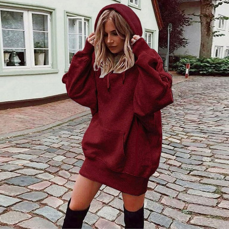 Aayomet Womens Long Sleeve Drawstring Drop Shoulder Solid Loose Hoodie Sweatshirt Red S