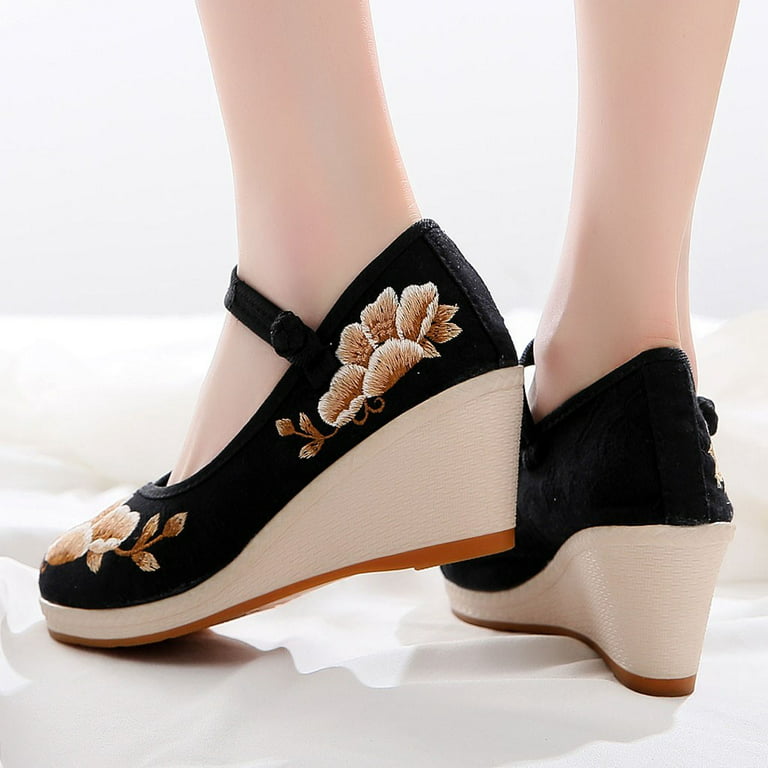 Aayomet Womens Low Heel Shoes Casual Women's Wedges Shallow Embroidered  Shoes National Wind Single Casual Shoes for Women Wedge,Black 5 