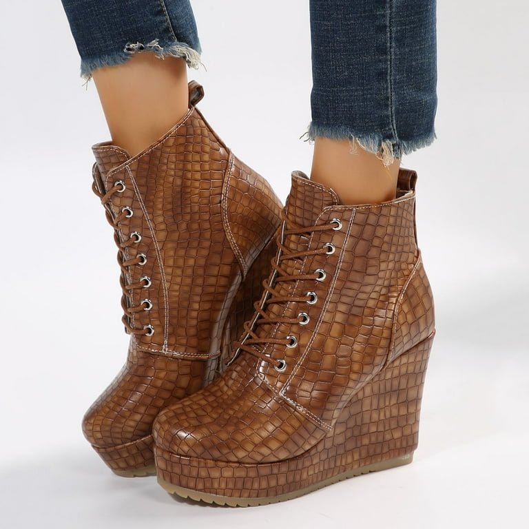 Brown wedge heel boots best sale