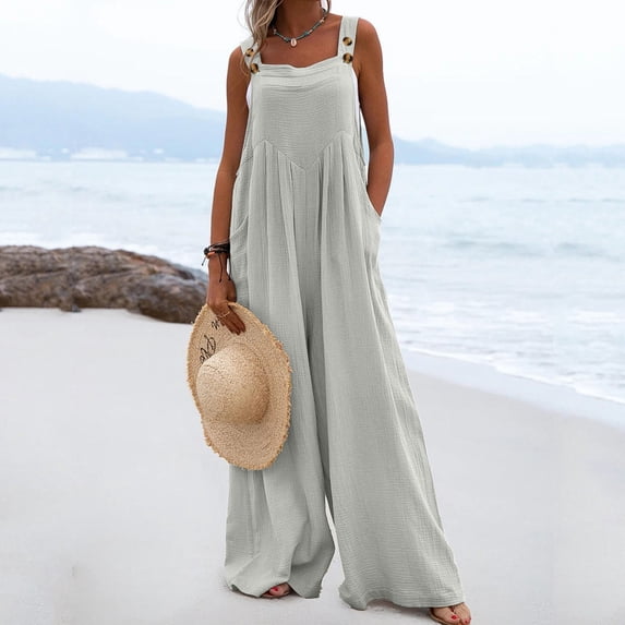 Aayomet Womens Rompers And Jumpsuits Romper Pocket Casual Button Strap Jumpsuit Women Solid Playsuit Long Women's Jumpsuit,Gray S