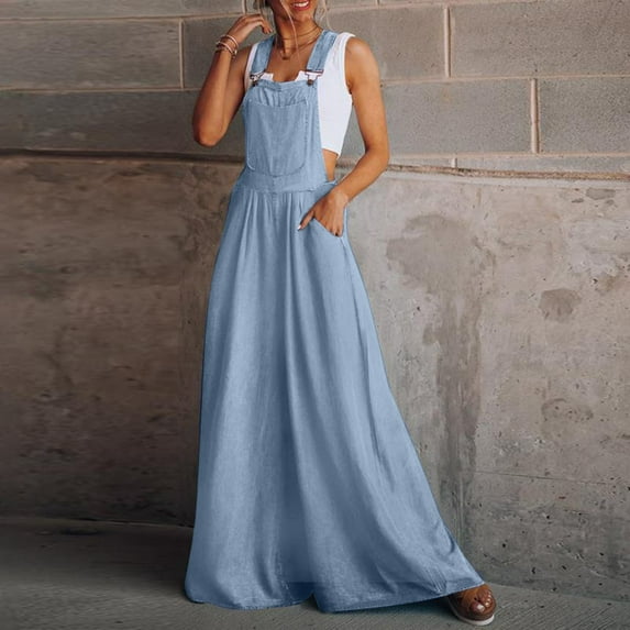 Aayomet Womens Rompers And Jumpsuits Womens Vintage Daily Casual Sleeveless Pocket Washed Denim Bib Jeans Overalls Casual Denim,Blue M