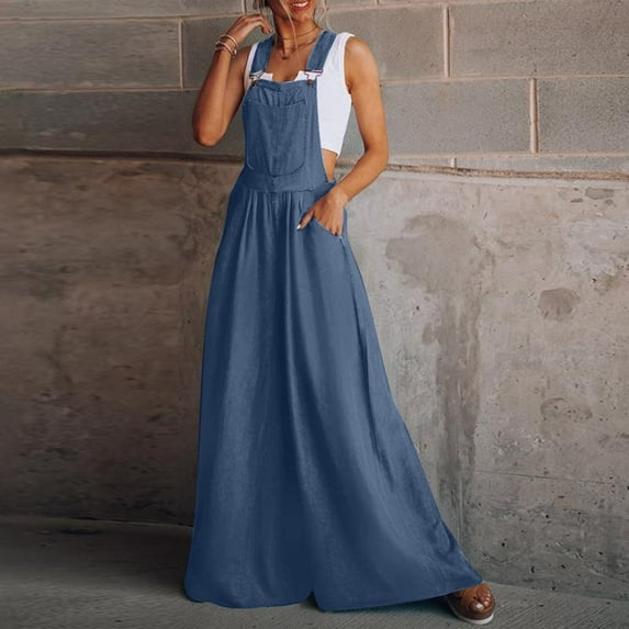 Aayomet Womens Rompers And Jumpsuits Womens Vintage Daily Casual Sleeveless Pocket Washed Denim Bib Jeans Overalls Casual Denim,Dark Blue S