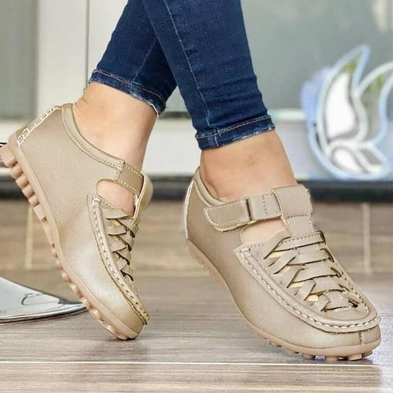 Aayomet Womens Shoes Casual Slip on Ladies Fashion Ssolid Color Leather Hollow Out Hook Loop Antiskid Flat Casual Shoes,Gold 7