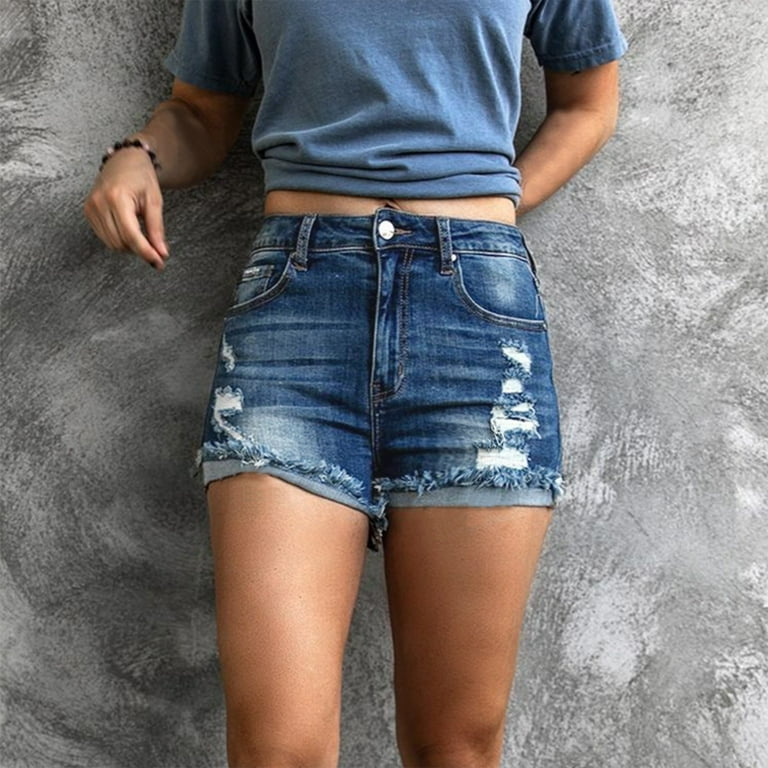 Aayomet Womens Shorts Denim Women's Denim Shorts Summer High Waist Ripped  Raw Cut Hem Distressed Stretchy Jean Shorts Dark Blue,XXL 