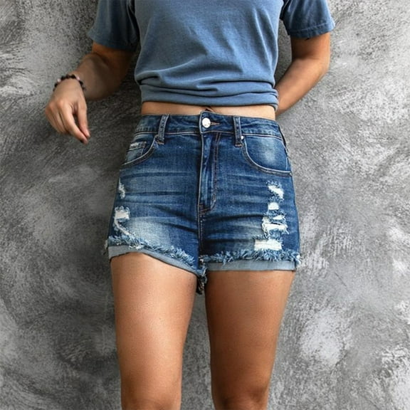 Aayomet Womens Shorts Denim Womens High Waist Ripped Hole Washed Distressed Short Jeans Dark Blue,L