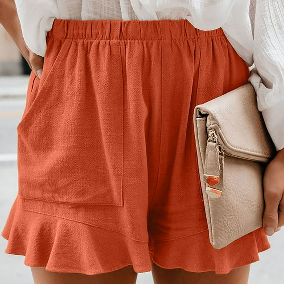 Aayomet Womens Shorts Elasticity High Shorts Solid Summer Color Casual With Pocket Women's Linen Shorts For Women Orange,S