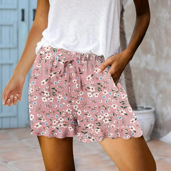 Aayomet Womens Shorts Womens Casual Shorts Drawstring Elastic Waist Ruffle Hem Summer Printed White Shorts For Women Pink,S