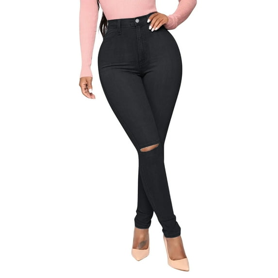 Aayomet Womens Stretch Straight Leg Pants Women Ripped Slim Button High Waist Pants Women Pencil Pants Plus Size Jeans,Black L