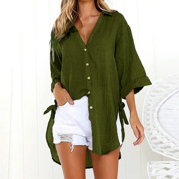 Aayomet Womens Summer Tops Tops Long Cotton T-Shirt Blouse Casual Ladies Button Loose Oversized T Shirts For Women Green,S-XXL