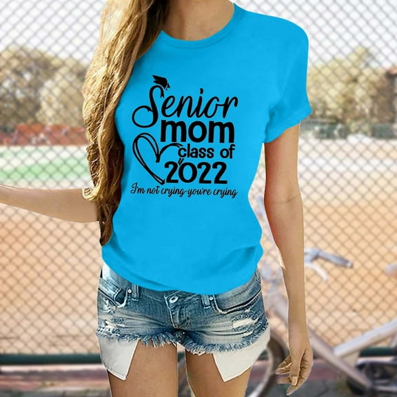 "Aayomet Womens Summer Tops Women Senior Mom Class Of T Shirt Funny Letter Print Sarcastic Shirt Tops For Women Blue,M"