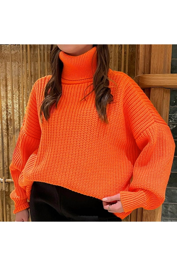 Womens Sweaters Fall 2023 Trendy Winter Turtleneck Sweater Casual Solid Color Knitted Sweater (Orange, L)