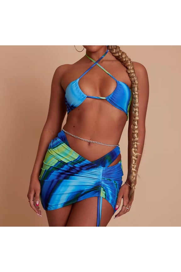 Womens Tankini Women Fashionable Tie Dyed Bikini Blue Green Orange Low Waist Strap Split Swimsuit,Blue S