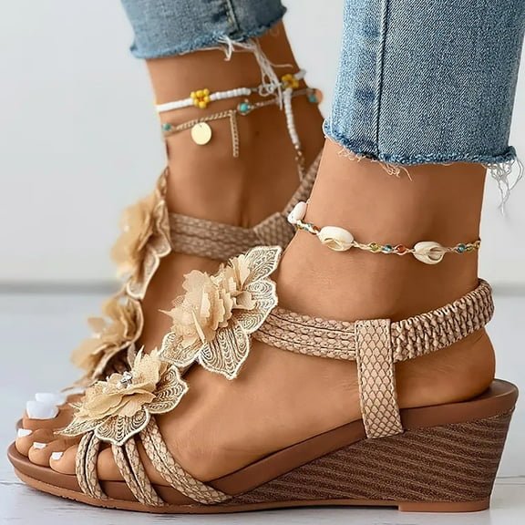 Aayomet Womens Wedge Sandals Womens Wedges Sandals Elastic Ankle Strap Casual Bohemian Sandals Beach Shoes Floral Pattern Beaded,Yellow 7