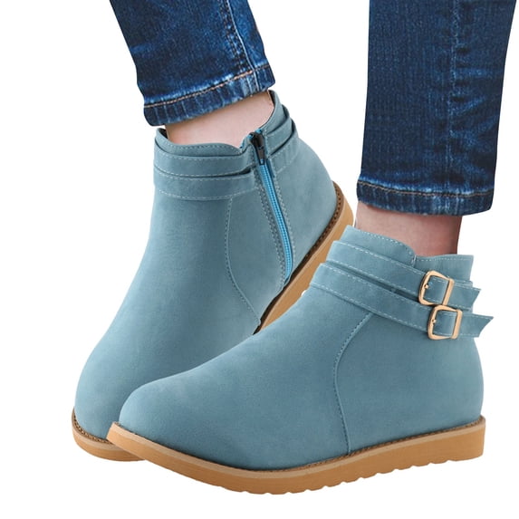 Aayomet Womens Winter Boots Lightweight Round Toe Thick Sole Flat Suede Low Tube Metal Buckle Short Boots (Blue, 7.5)