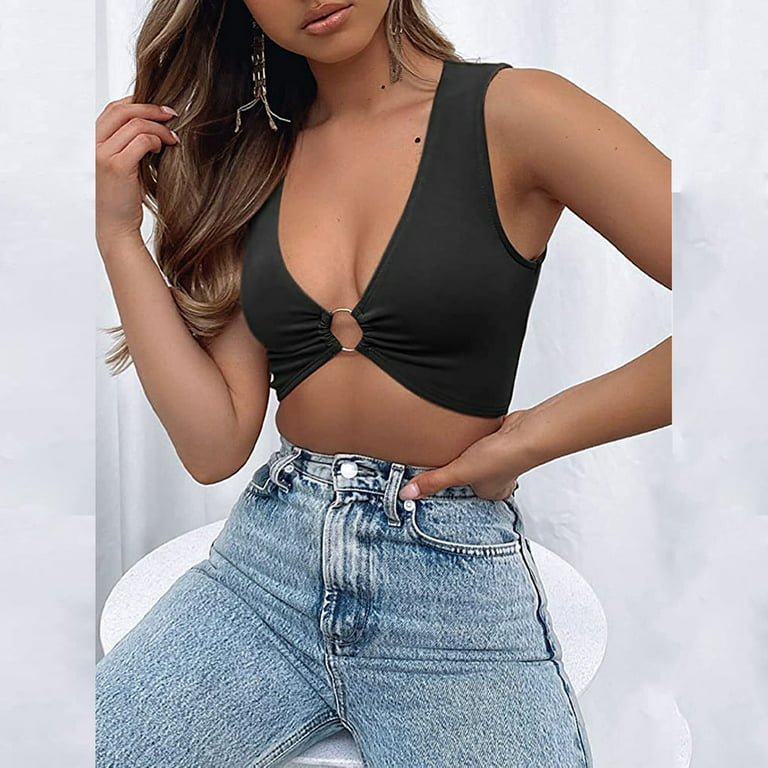 Aayomet Womens Workout Tops Women Crop Top Sleeveless Deep V Neck Sports  Workout Tops Ring Cleavage Cropped Soft,Black L 