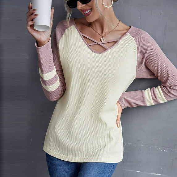 Aayomet Womens Workout Tops Womens 2022 Fall Long Sleeve Tunic Tops Casual Color Block Loose Fit Shirts,Beige XL