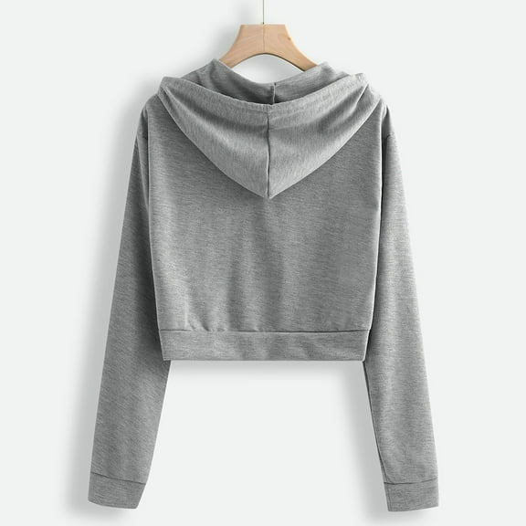 Aayomet Womens Zip Up Hoodie Sweatshirt Solid Long Sleeve Drawstring Casual Pullover Cropped Tops With Pockets Gray,XL