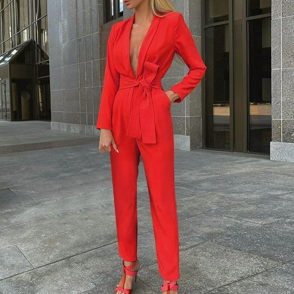 Aayomet Workout Jumpsuits For Women 2023 Women's Fashion Solid Color Lacing Deep V Casual Jumpsuit,Red M